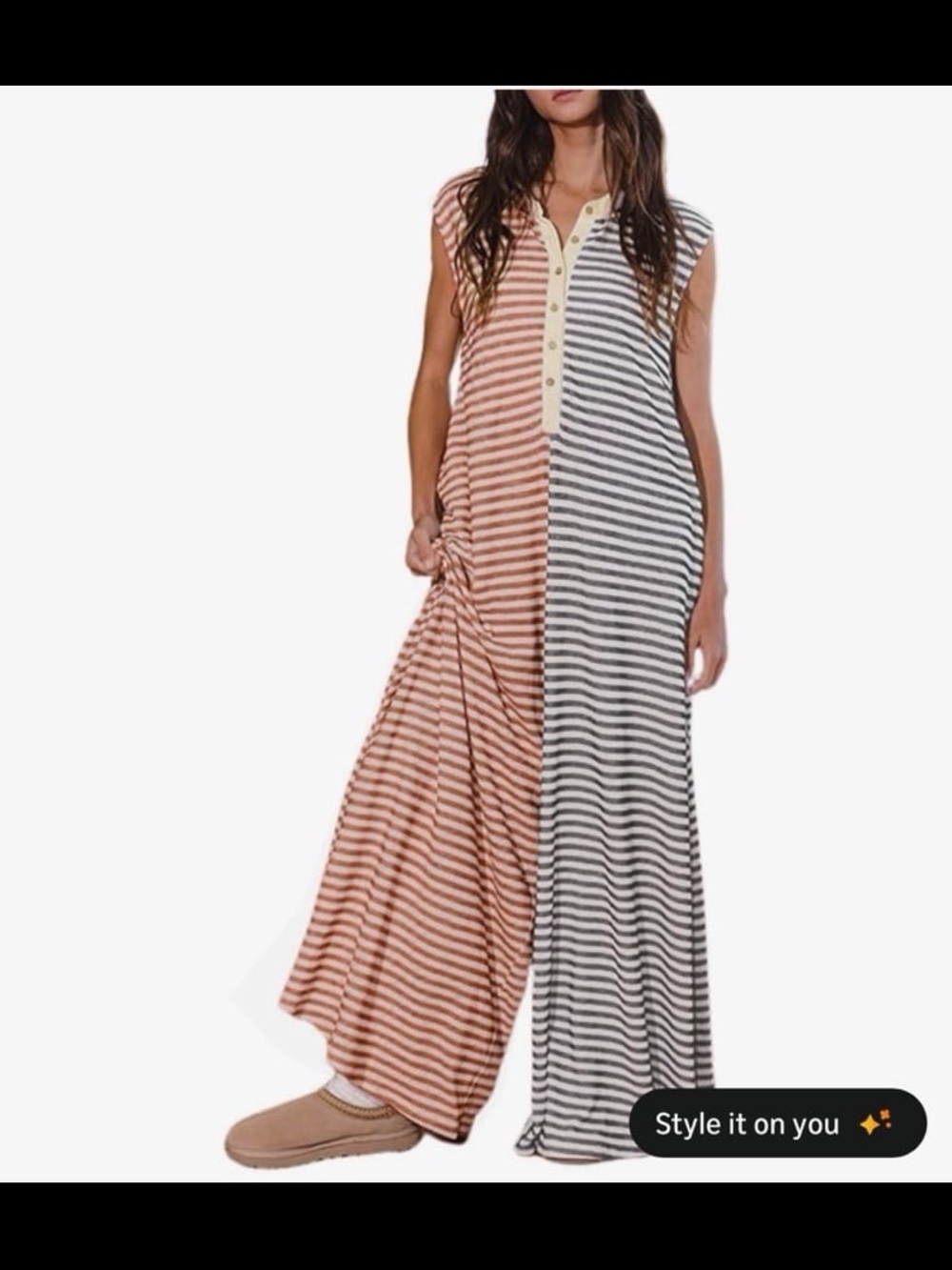 Striped Two-Tone Jumpsuit with Button Placket - Rust & Black
